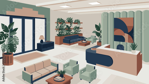 Clean Reception Lobby With Architectural Plants and Seating Zones