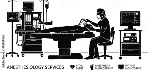  Anesthesiology Services Vector Illustration 2026  Black Silhouette of Doctor Administering Anesthesia to Patient with Medical Monitoring Equipment 