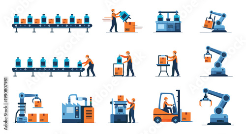 Factory production line with industrial robots, warehouse workers, and forklift operating in an automated manufacturing facility.