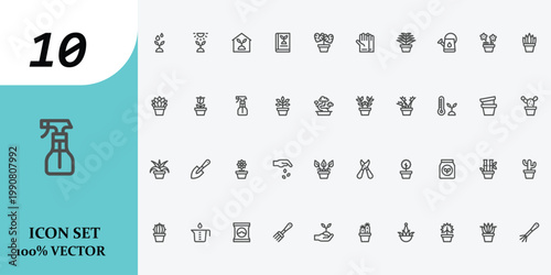 Gardening and Houseplant Line Icons Set: Indoor Plants, Flowers, and Garden Tools Symbols.
