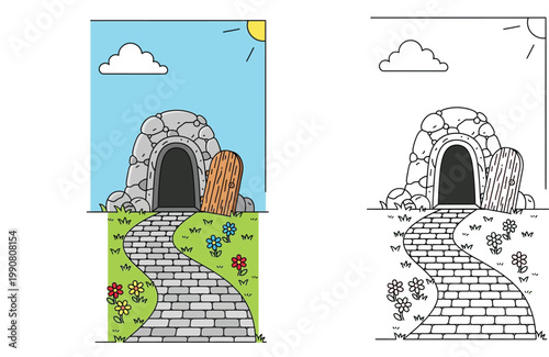 Fantasy stone cave entrance with wooden door and winding brick path. Colorful landscape illustration and black and white coloring page outline vector set.