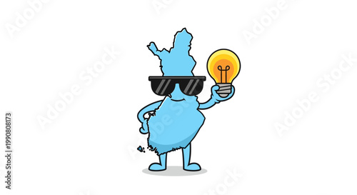 A blue cartoon character with sunglasses holding a lightbulb.