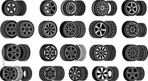 Set of Different Car Tires and Rims in Various Styles for Automotive and Vehicle Design in Black and White