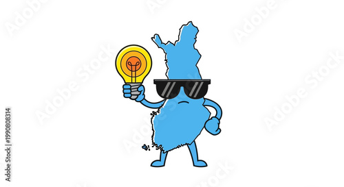 A blue cartoon character with sunglasses and lightbulb.