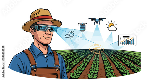 A detailed illustration portrays a farmer wearing high-tech augmented reality glasses with blue light projections displaying farm data against a landscape.