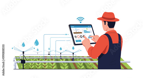 An orange-clad farmer observes precise irrigation pipe diagrams and water drop icons on a tablet screen while standing beside a lush, cultivated crop field.