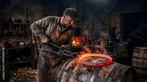 Blacksmith shaping hot metal ring in workshop with sparks