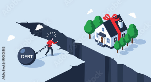Conceptual illustration of a person pulling a heavy debt burden across a dangerous gap towards their dream home.
