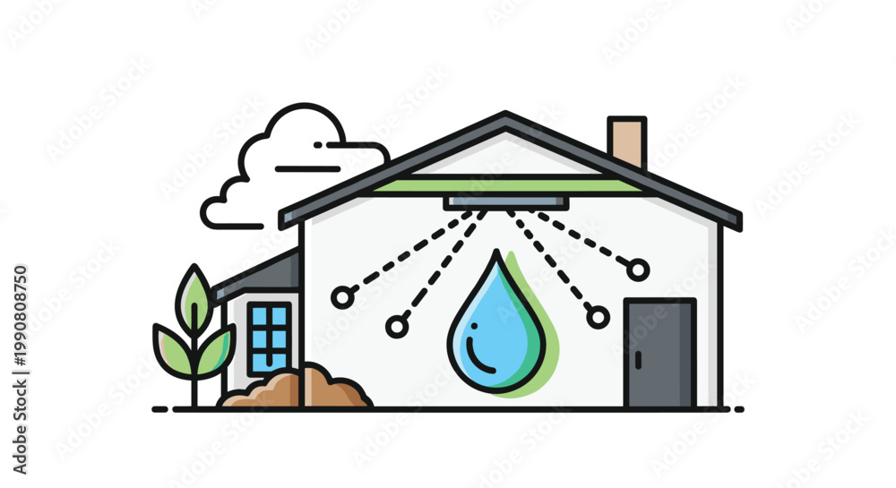 Naklejka premium A minimalist line art illustration depicts a modern house with a central water drop icon and radiating sensor lines indicating advanced climate management.