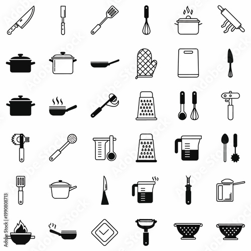 Collection of kitchen utensils and cooking tools icons, diverse culinary equipment for culinary professionals and home cooks