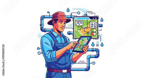A professional farmer in a brown hat and blue overalls studies a tablet displaying irrigation data surrounded by blue piping and water droplet illustrations.