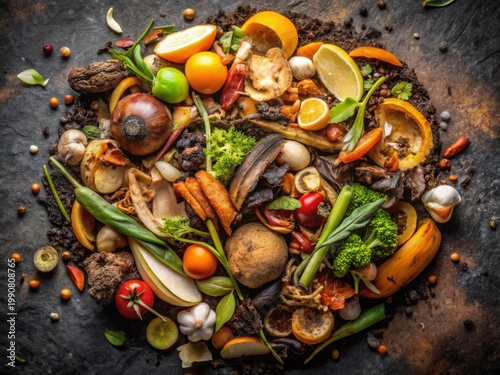 Colorful assortment of vegetable peels, fruit rinds, stems, and organic scraps arranged on dark surface, symbolizing compost, sustainability, food waste awareness, and ecology