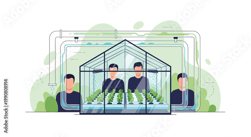 A contemporary hydroponic greenhouse with multiple workers inside features a layered semi-transparent design with water pipes and lush green plant growth.