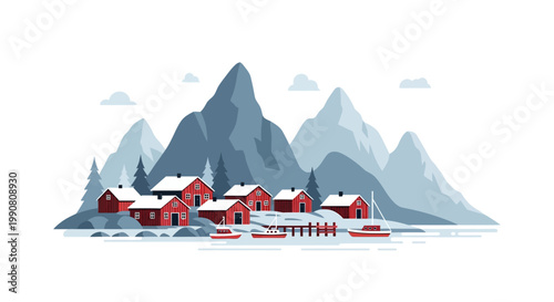 Scenic village by a frozen lake.