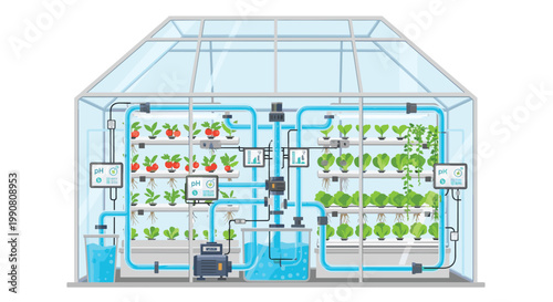 The sophisticated hydroponic greenhouse features tiered plant shelves connected by vibrant blue nutrient pipes and digital pH monitors for plant growth.