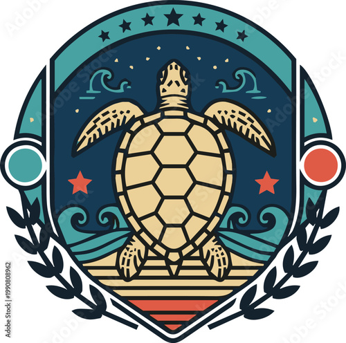 Sea Turtle Emblem Illustration with Waves and Stars in Badge Style