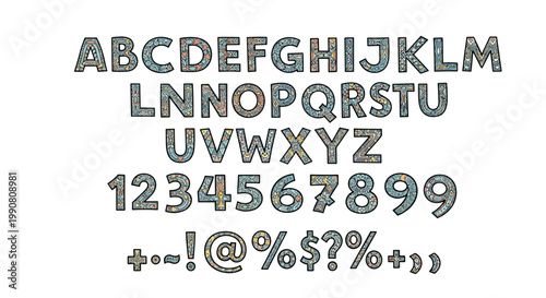 Decorative alphabet and numbers set featuring intricate patterns and colorful designs for creative typography projects.