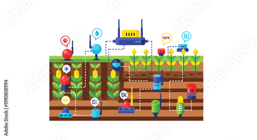 A detailed cross-section of soil reveals various colorful sensor nodes connected by dotted lines to a central router within a vibrant agricultural field.