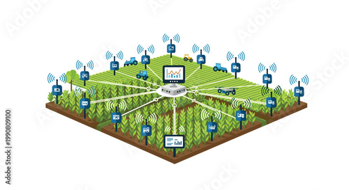 An isometric view of a lush green field shows multiple sensor poles connected to a central computer monitor via clean white lines for data collection.