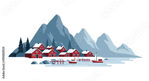 Illustration of a snowy mountain village by the sea.