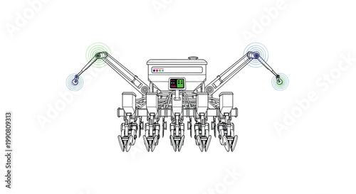 A detailed line-art illustration shows a seeding machine with extended arms and circular radio wave signals emanating from the tips for precise navigation.