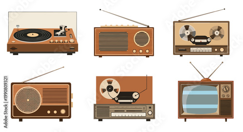 Collection of retro electronic devices including vintage radios, a record player, reel-to-reel tape recorder, and old television.