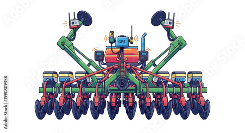 A vibrant precision seeding machine features advanced GPS antennas and multiple rotating planting discs within a clean, bright, and modern agricultural field.