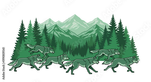 Pack of wolves running through forest.