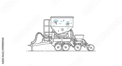 The intricate black and white line art showcases a precision seeding machine with a mechanical hopper and specialized planting wheels for farm work.