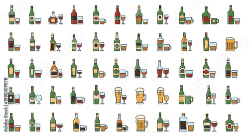 Extensive collection of diverse liquor bottles paired with appropriate drinking glasses like beer mugs, wine, and shot glasses.