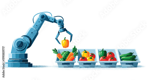 A sophisticated blue robotic arm meticulously sorts fresh vibrant bell peppers into organized plastic bins within a clean industrial agricultural facility.