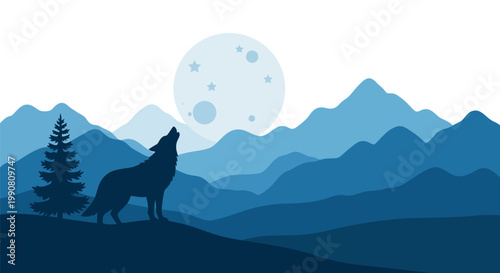Wolf howling at the moon in mountains.