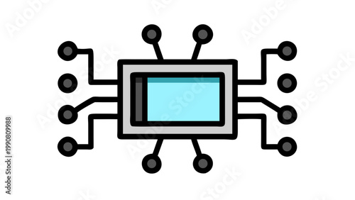 Black Tech Chip with Blue Screen Vector Icon