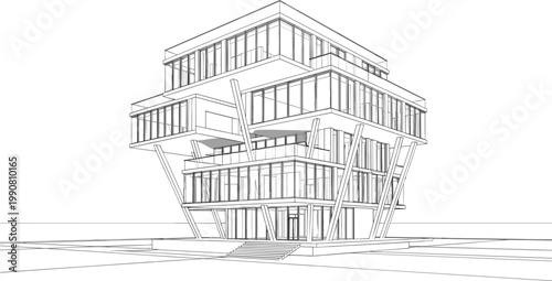 Contemporary Architectural Building Icon Featuring a Multi-Level Structure with Angular Supports