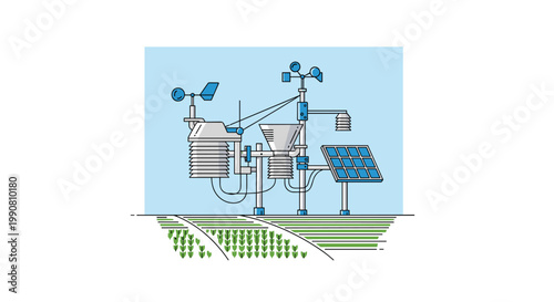 A compact weather station equipped with solar panels and wind sensors stands in a lush field, depicted in a clean, modern, and vibrant blue-toned style.