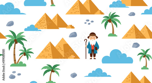 Seamless pattern featuring Egyptian pyramids, palm trees, blue clouds, and a character of an elderly man with a staff.