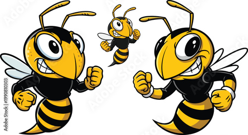 Aggressive hornet mascot character set, angry yellow jacket wasp vector illustration, fierce bee sports team logo icons with clenched fists