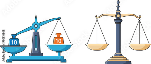 Classic Balance and Justice Scale Vector Set with Weight Measurement Tool and Golden Law Court Symbol for Legal Equality Design