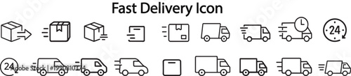 Fast delivery icon set with delivery trucks, shipping boxes, and 24-hour service symbols in flat line art style.