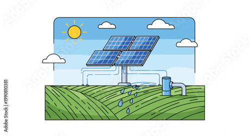 High-efficiency solar panels power a water pump system that irrigates lush green fields, with water droplets falling in a bright and sunny landscape view.