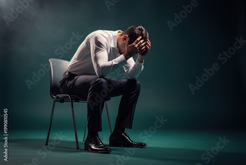 A businessman sitting on a chair with his head in his hands, conveying stress, burnout, and despair in a moody, dark setting.