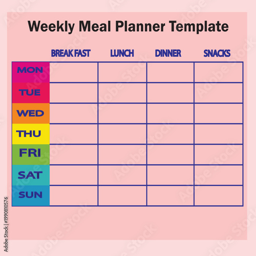 Colorful Rainbow Weekly Meal Planner Template with Snacks Column for Kids and Family Healthy Food Organization
