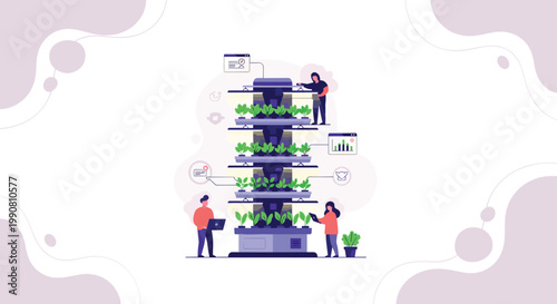 The vertical farming tower features multiple levels of lush plants, managed by technicians using digital devices for optimal growth in a clean facility.