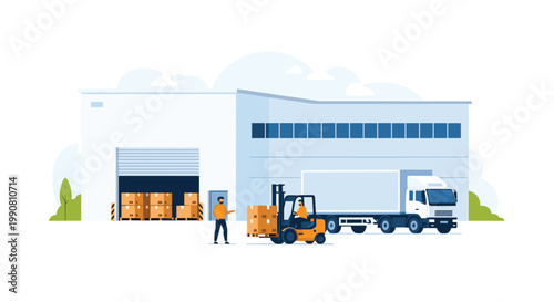 Commercial warehouse logistics illustration featuring a delivery truck, a forklift operator moving cargo, and a manager overseeing the operations.