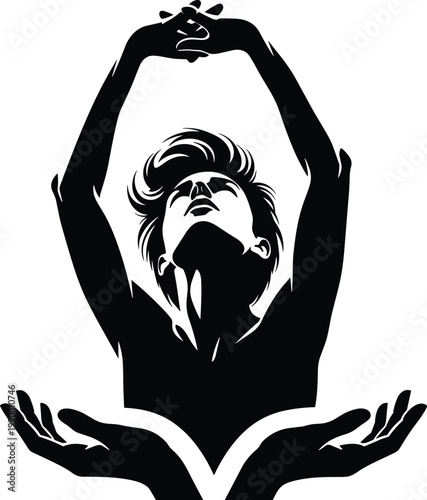 Empowerment and Freedom Icon Featuring Silhouette of Person with Raised Hands in Black and White