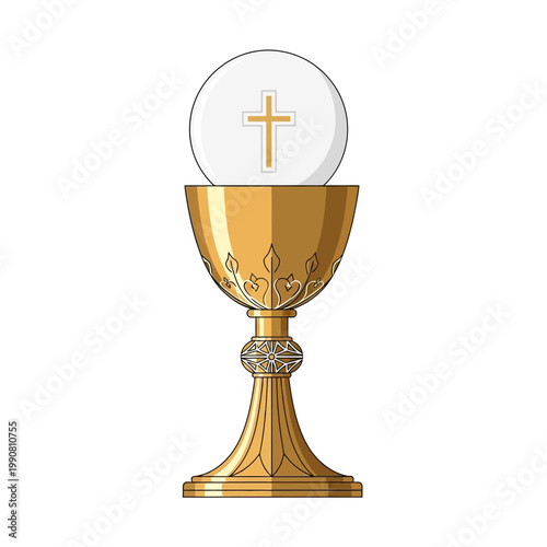 Golden Chalice with Host and Cross Christian Communion Symbol