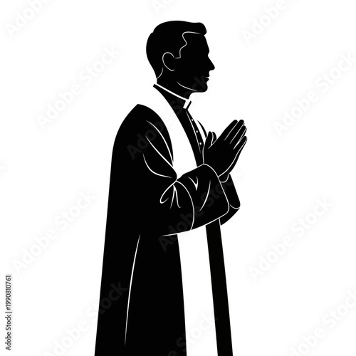 Black silhouette of a priest or clergyman praying with hands together