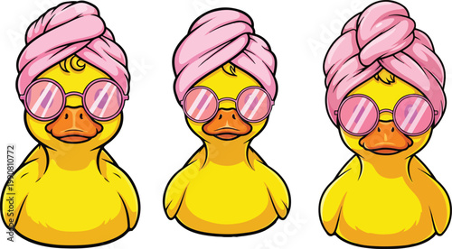 Funny rubber duck characters wearing pink head towels and sunglasses, cute yellow duckling spa day vector set, quirky bath time bird illustrations