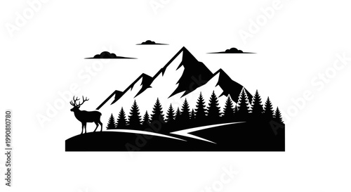 Black silhouette of deer in mountains.