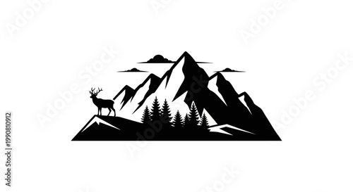 Black silhouette of a deer standing on a hill with mountains and trees.